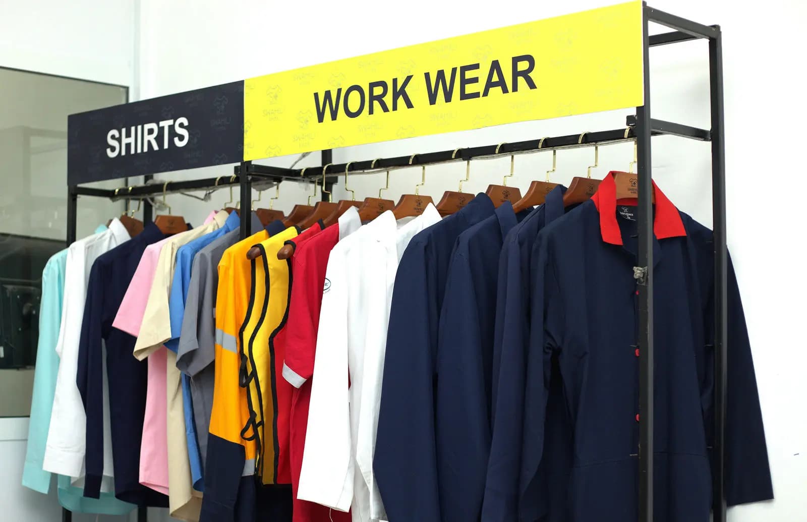 Finished garments hanging on the rails ready for dispatch